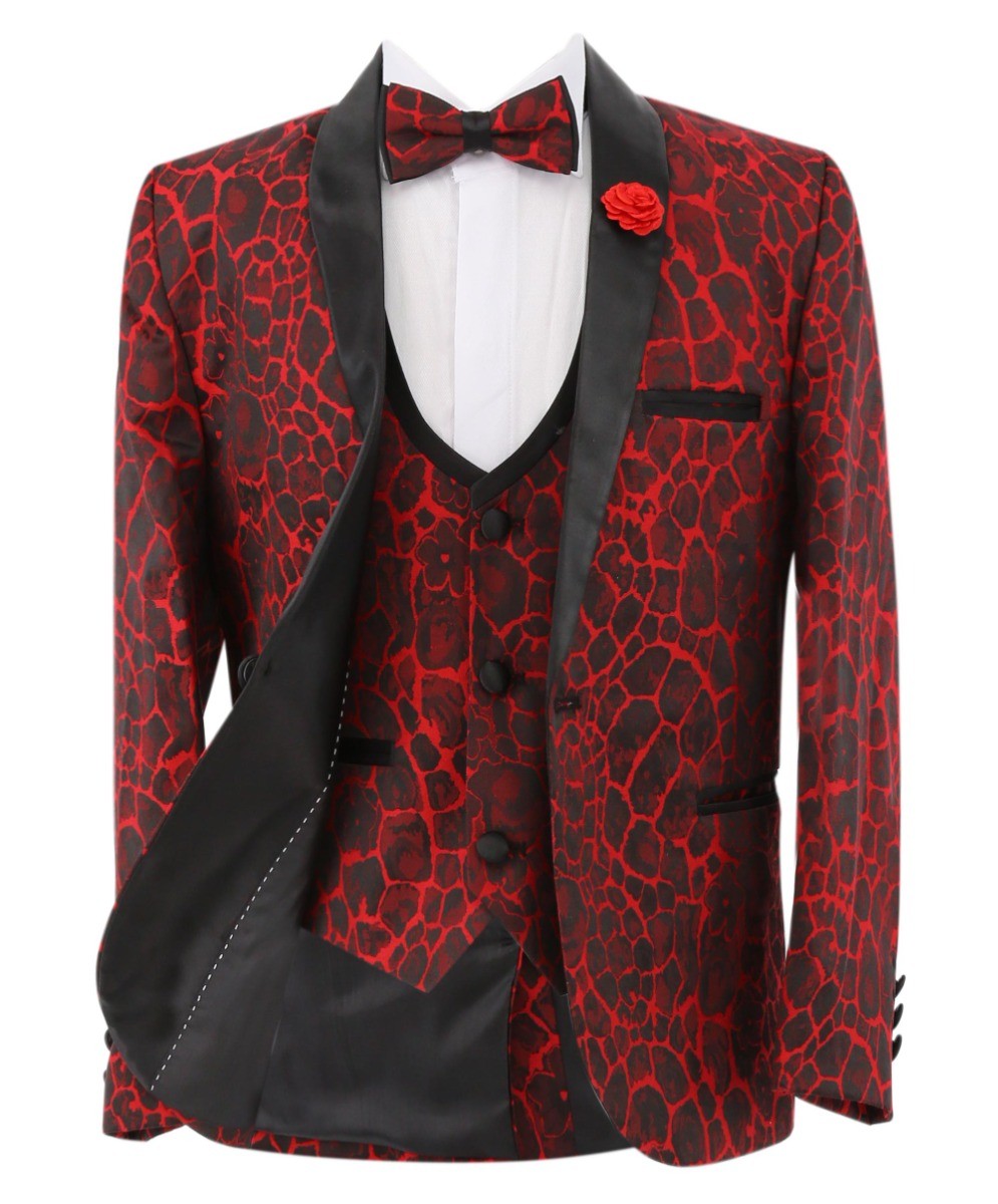 Boys Jacquard Burgundy Tuxedo Suit - Red