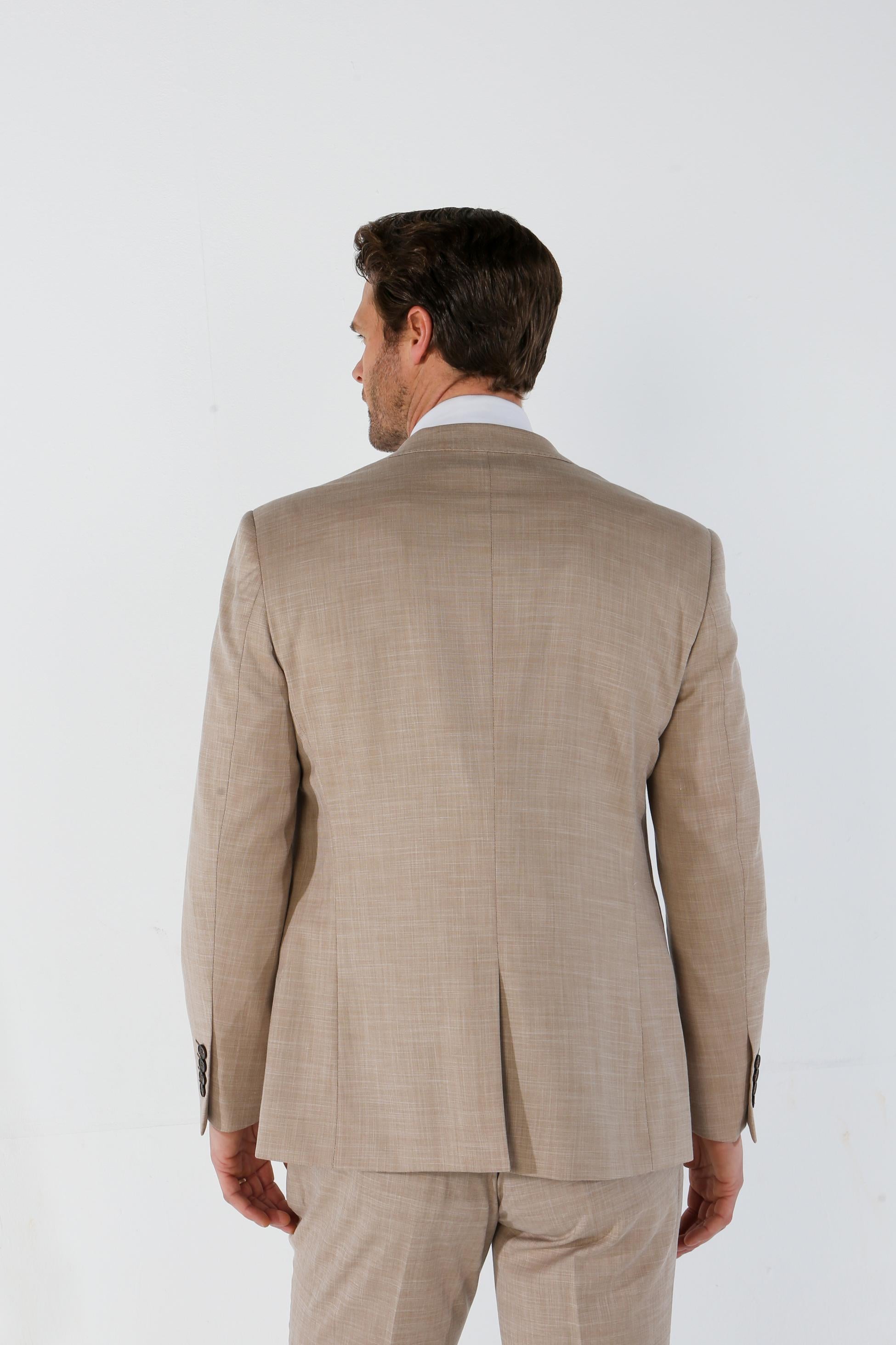 Men's Tailored Fit Plaid Formal Suit - KURT - Beige