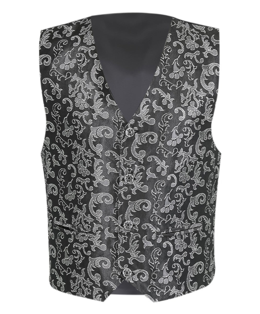 Boys Silver Shiny Paisley 4-Piece Waistcoat Suit - Silver