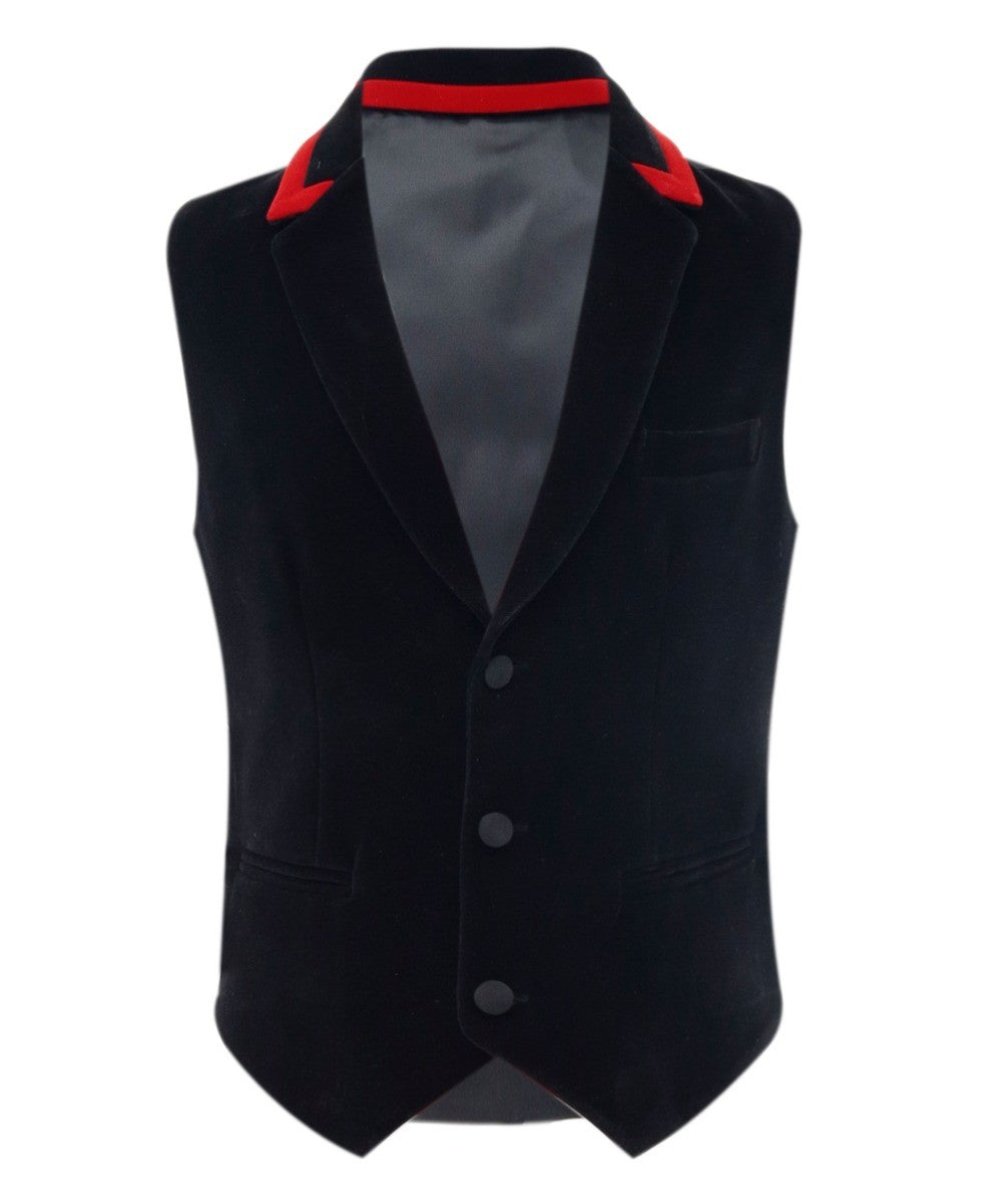 Boys Winged Collar Velvet Black Waistcoat - Black