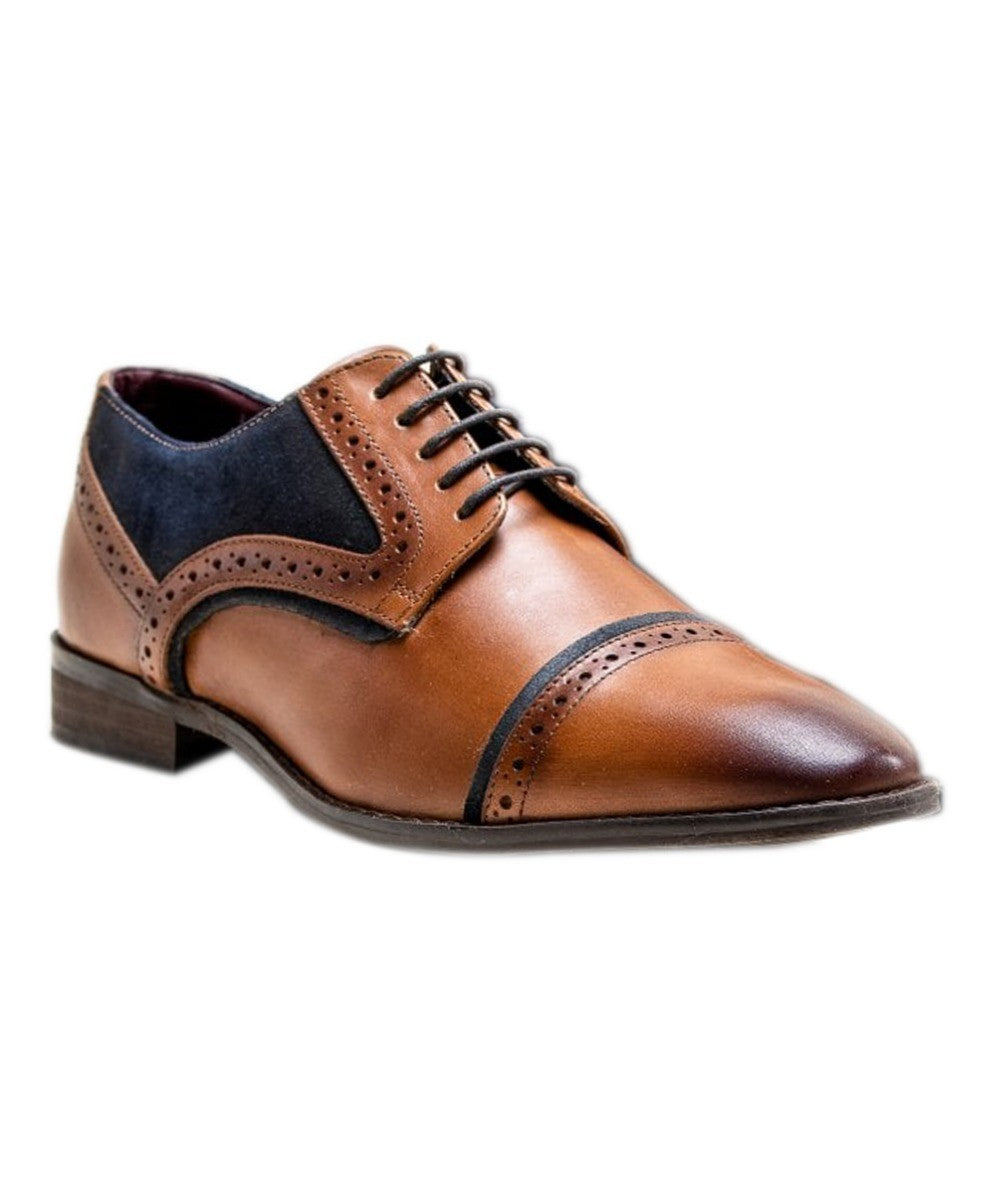 Men's Genuine Leather & Tweed Brogue Shoes - FARO - Tan Brown - Navy Blue