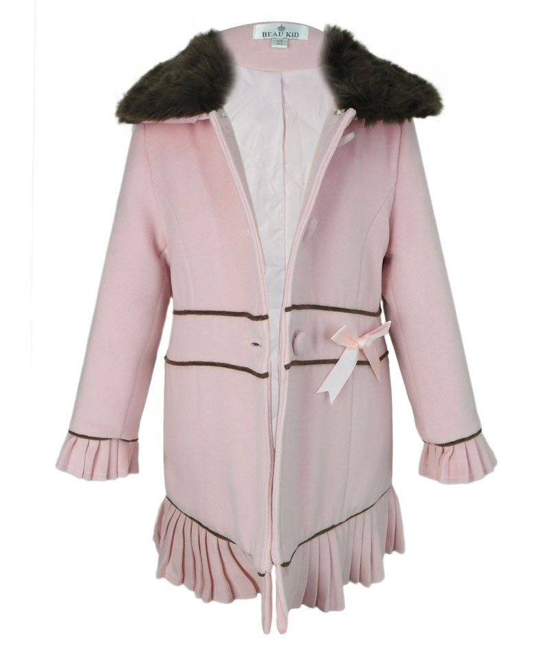 Girls Coat with Detachable Fur Collar and Hat Set - Pink