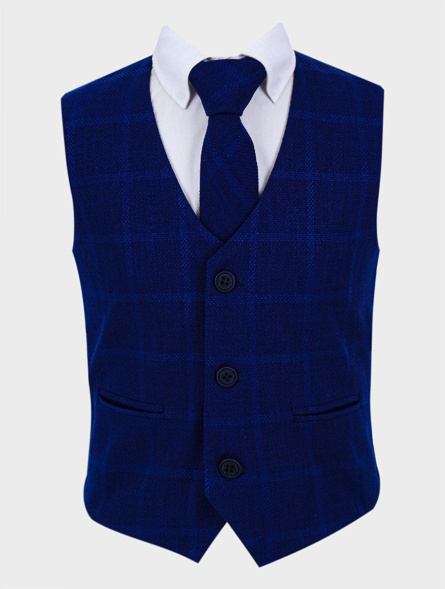 Boys Tweed Windowpane Check Cotton Waistcoat - Navy Blue