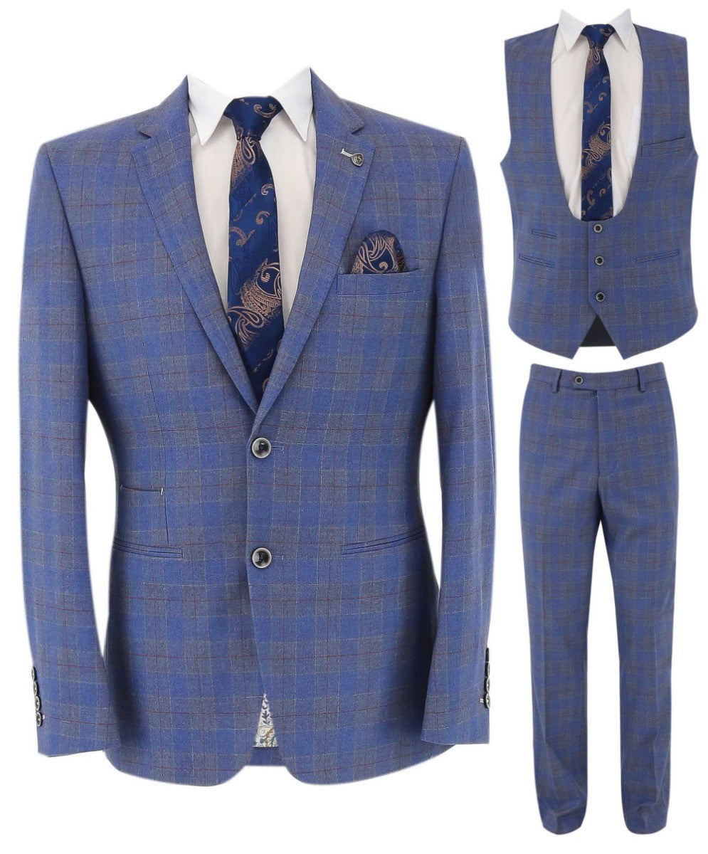 Men's Windowpane Check Slim Fit Suit - CONNOR - Pale Blue