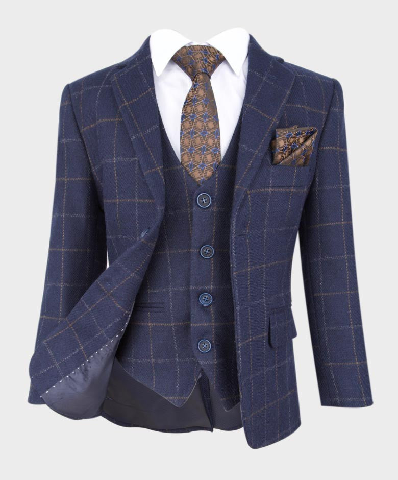 Boys Tailored Fit Tweed Check Navy Suit - SHELBY - Navy Blue