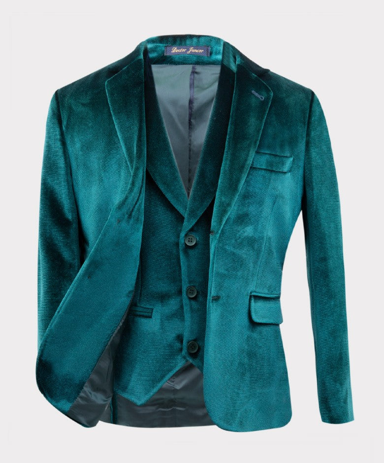 Boys Tailored Fit Velvet Suit with Elbow Patches - Green