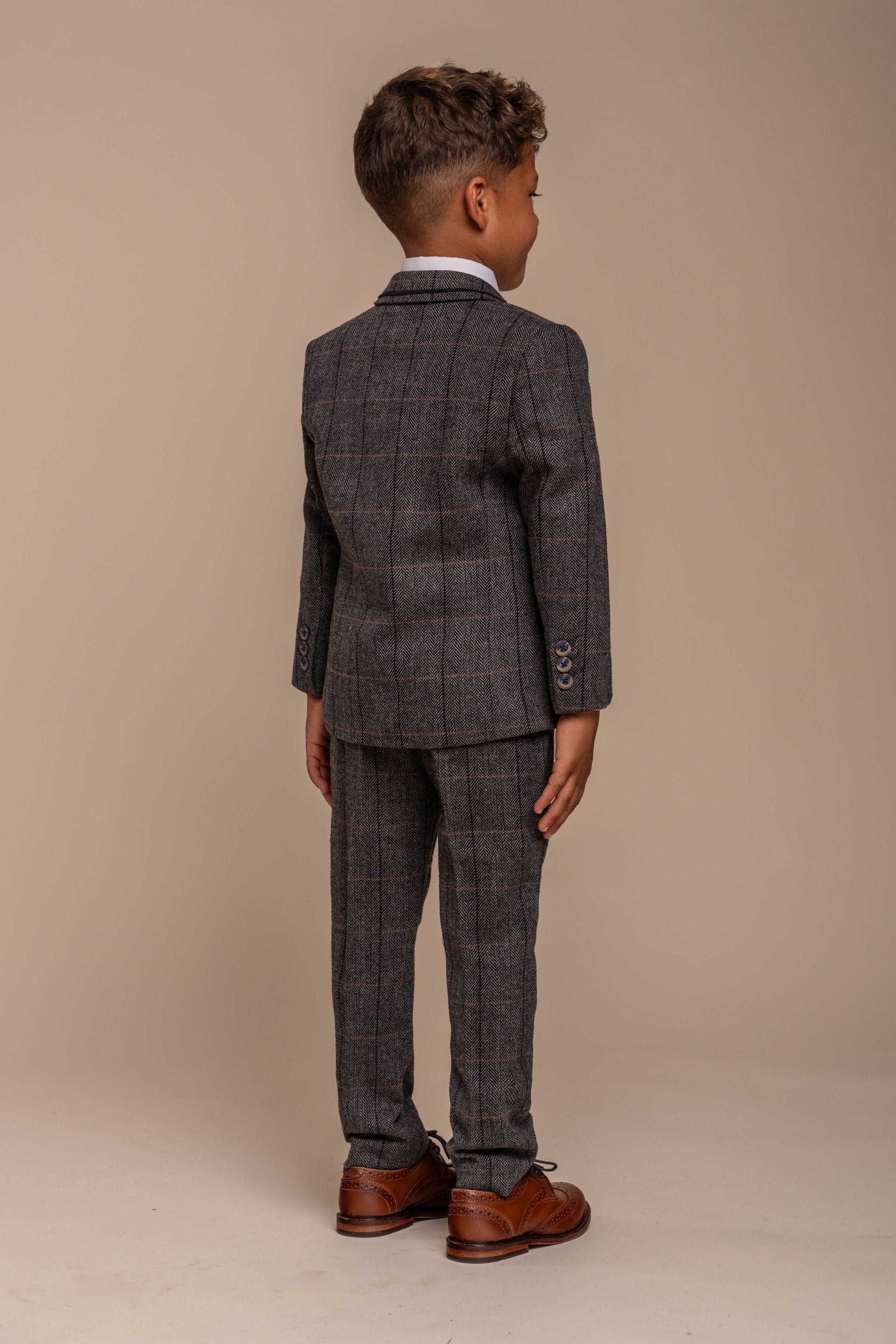 Boys Wool Blend Herringbone Check Suit - ALBERT - Grey