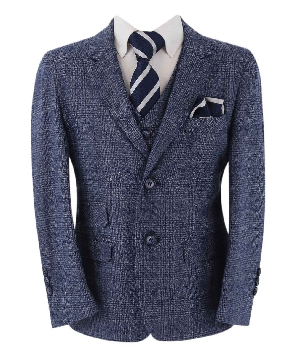 Boys Tweed Check Blue Suit - GRAHAM - Blue