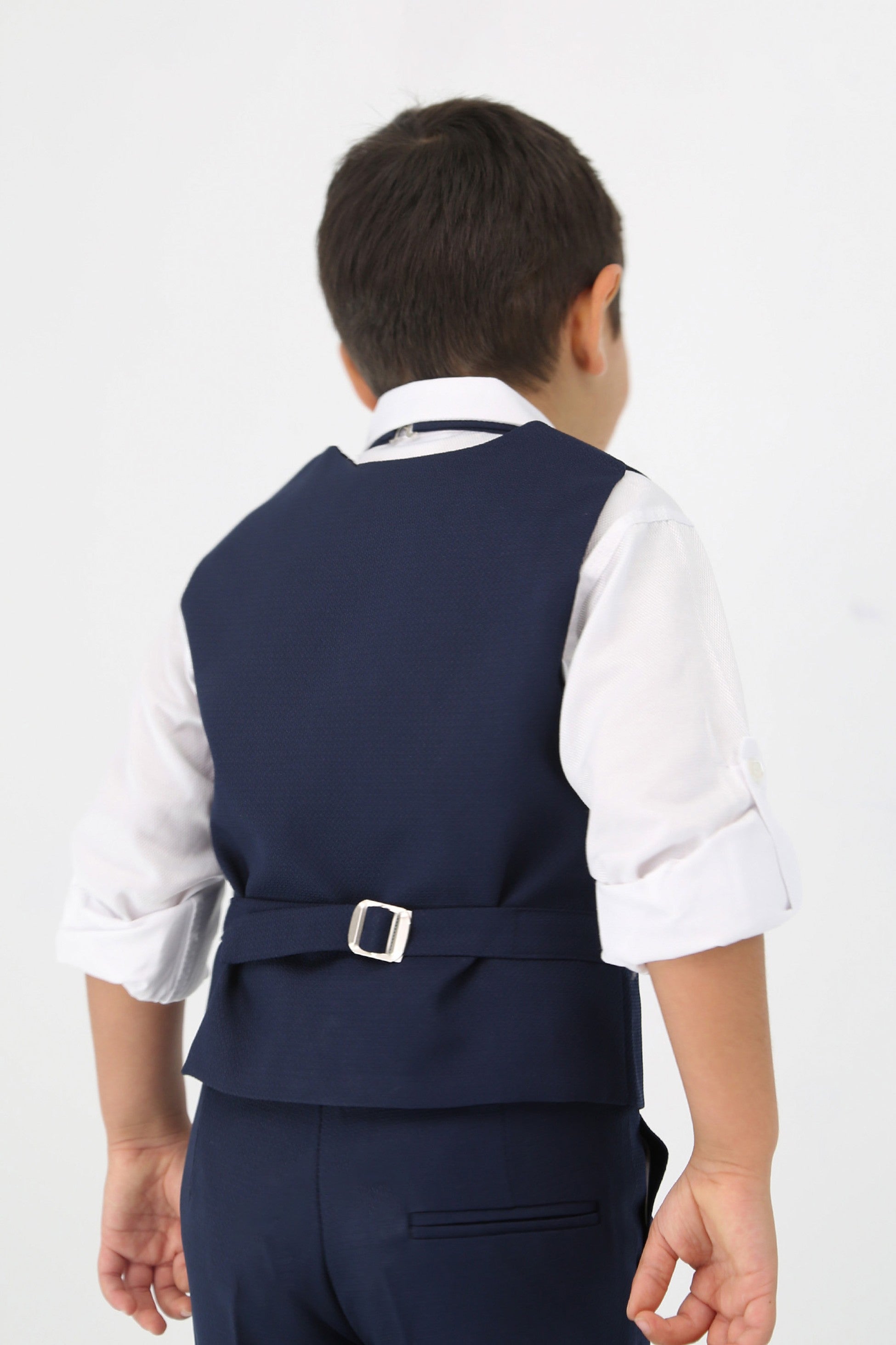 Boys' Slim Fit Textured Waistcoat Suit Set, Formal Outfit - Navy Blue