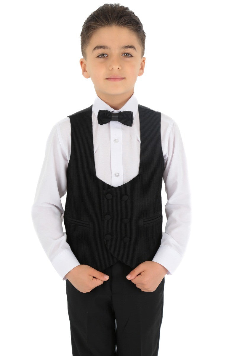 Boys Double Breasted Corduroy Velvet Waistcoat - Black