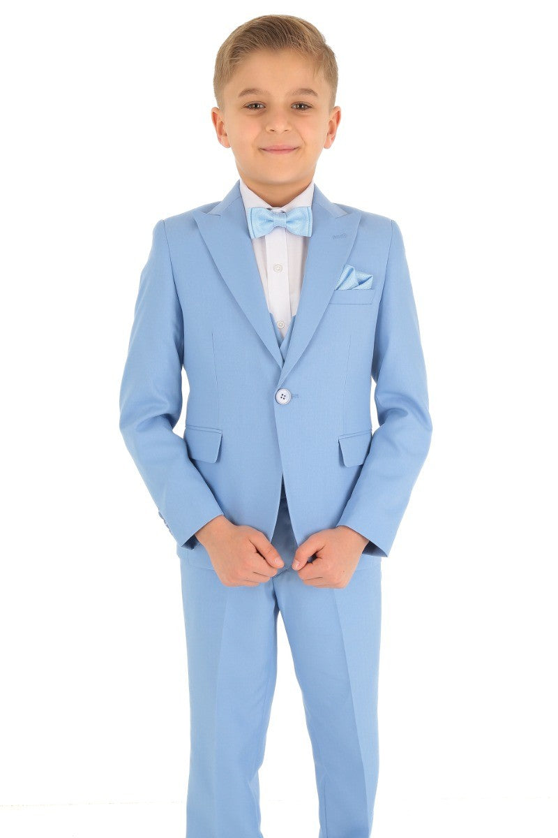 Boys Slim Fit Herringbone 8 Piece Suit Set - KING - Sky Blue