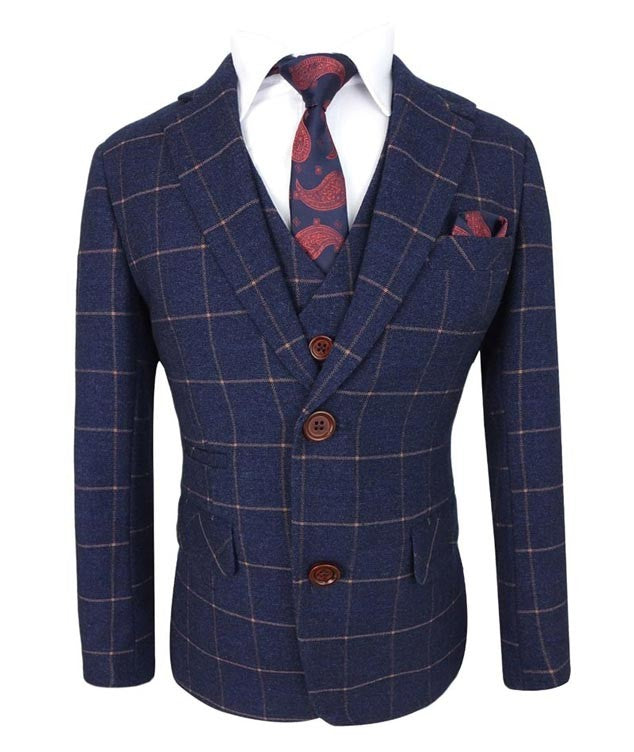 Boys Windowpane Check Slim Fit Suit - Dark Blue - Gold