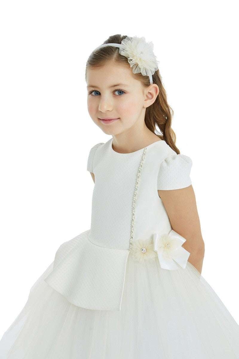 Girls Peplum Short Sleeve Dress - Ecru