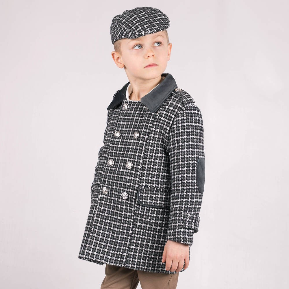 Boys Tweed Houndstooth Pea Coat with Matching Cap - Charcoal Grey