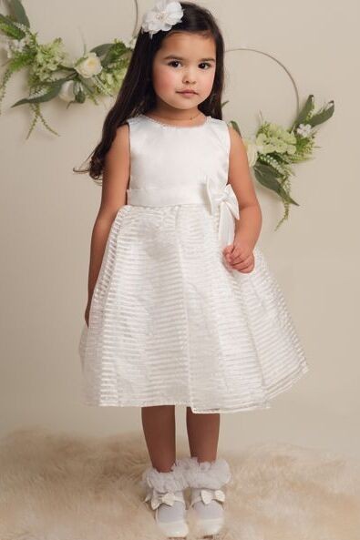 Girls Satin Bow Dress with Striped Tulle Skirt - IZEL - Ivory