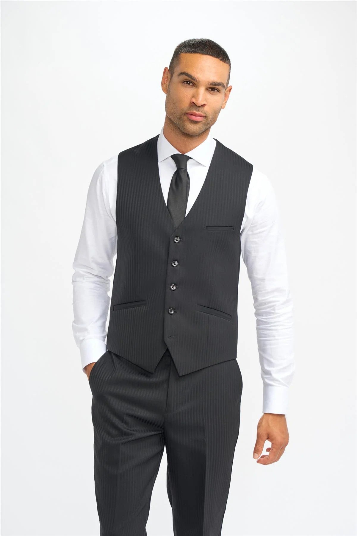 Men’s Black Wool Pinstripe Waistcoat - Roberto - Black