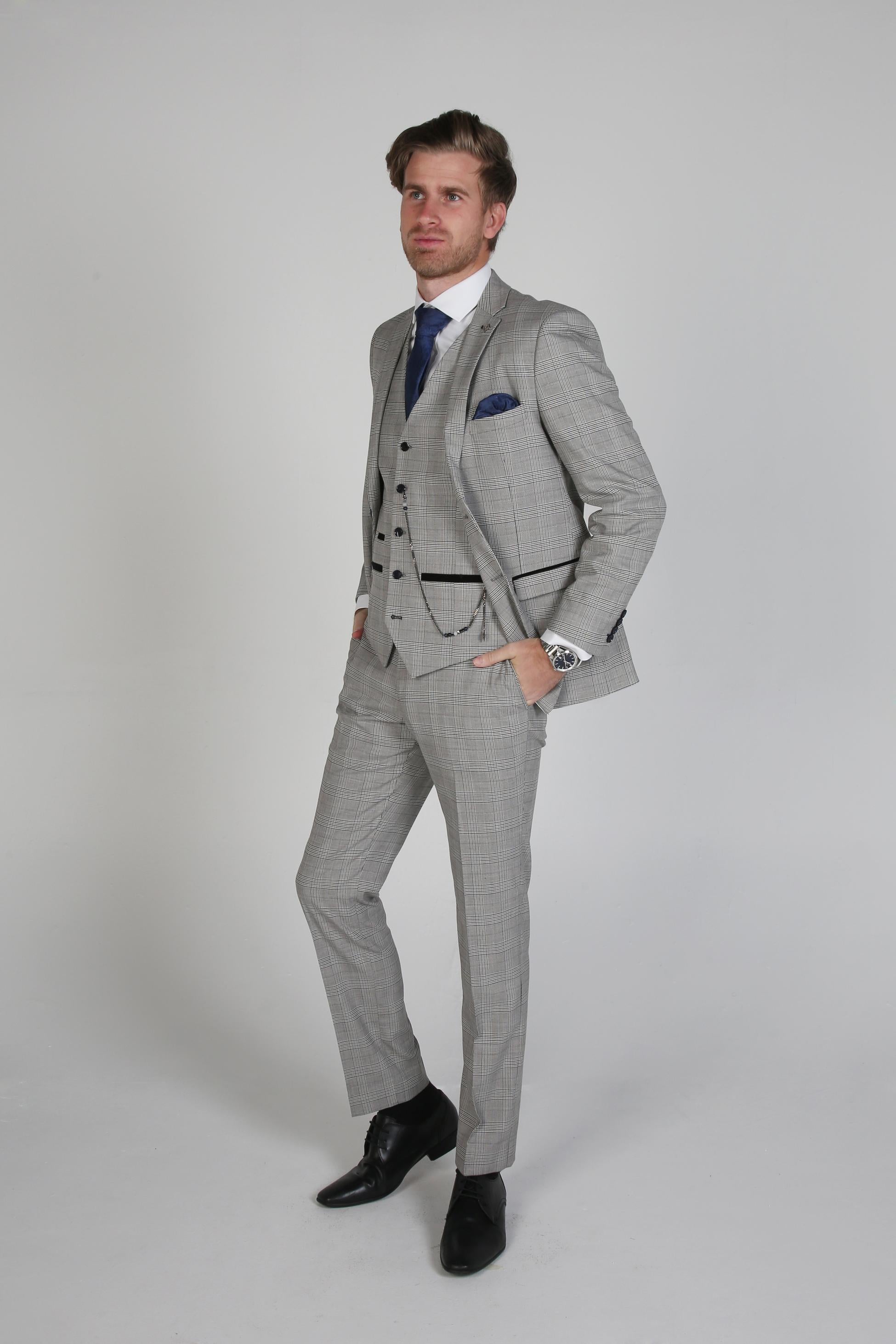 Men's Windowpane Tweed Check Formal Suit - HUGO - Grey