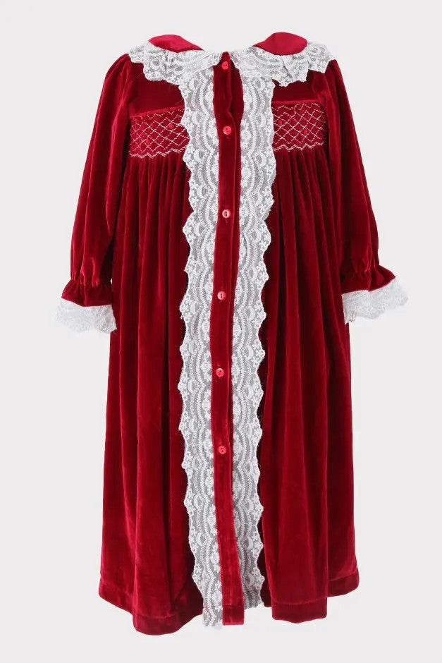 Girls Smocked Velvet Sleeping Gown 2 Pieces Set - Wine Red