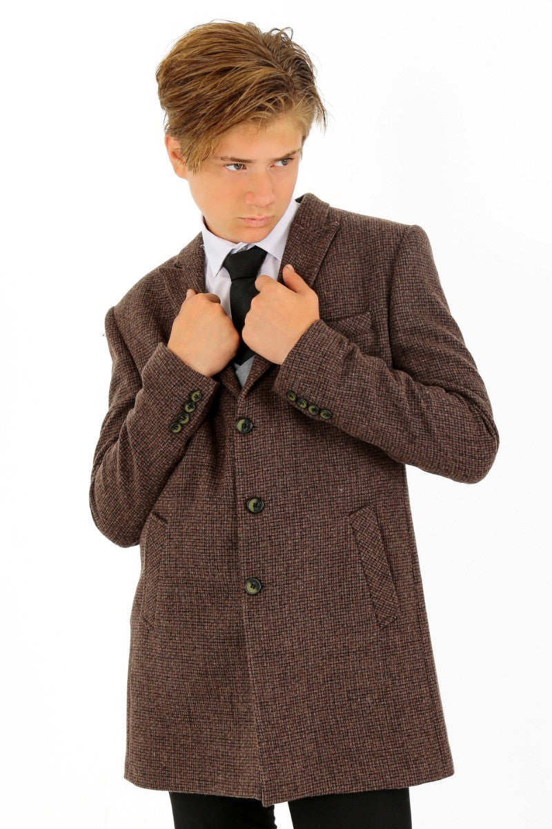 Boys Wool Tweed Patterned Midi Coat - Light Brown