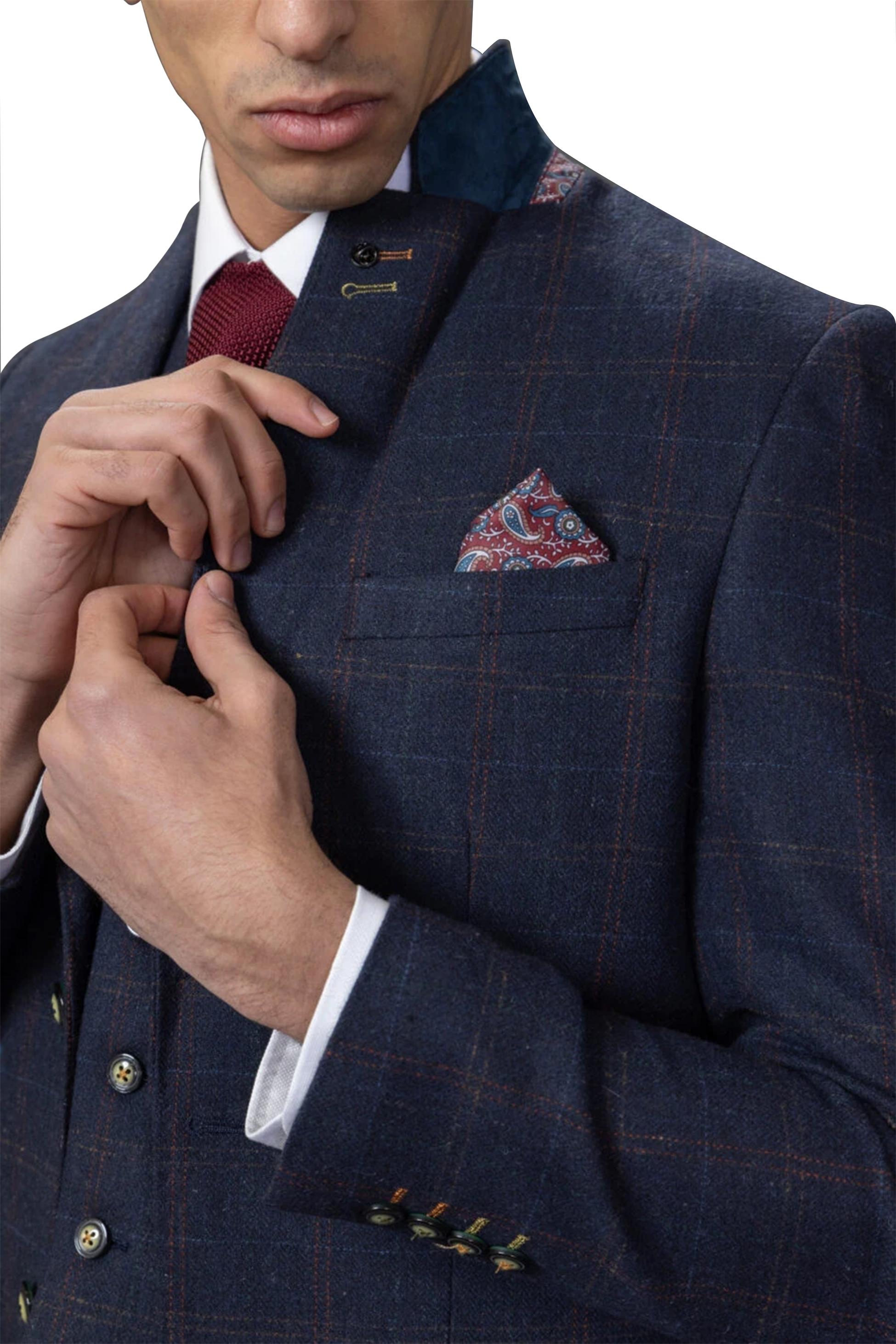 Men's Tweed Windowpane Tailored Fit Navy Suit Jacket  - RYAN - Navy Blue