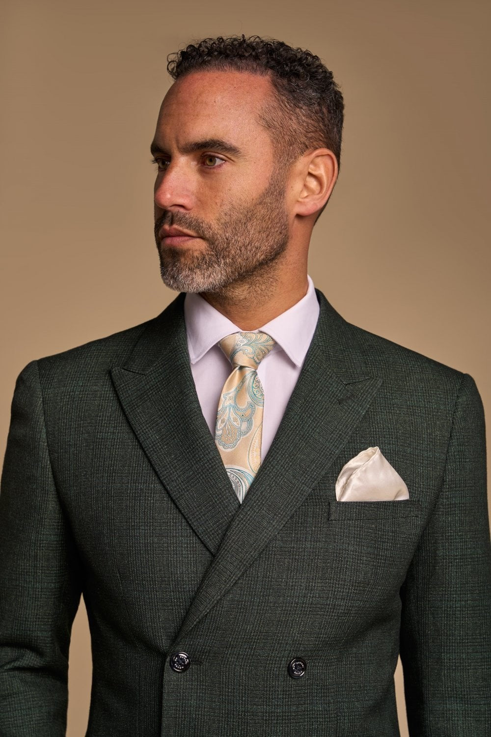 Men's Houndstooth Double-breasted Suit Jacket - CARIDI - Olive Green