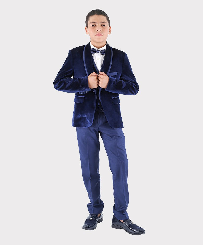 Boys Sheen Lapel Velvet Tuxedo Suit - Navy Blue