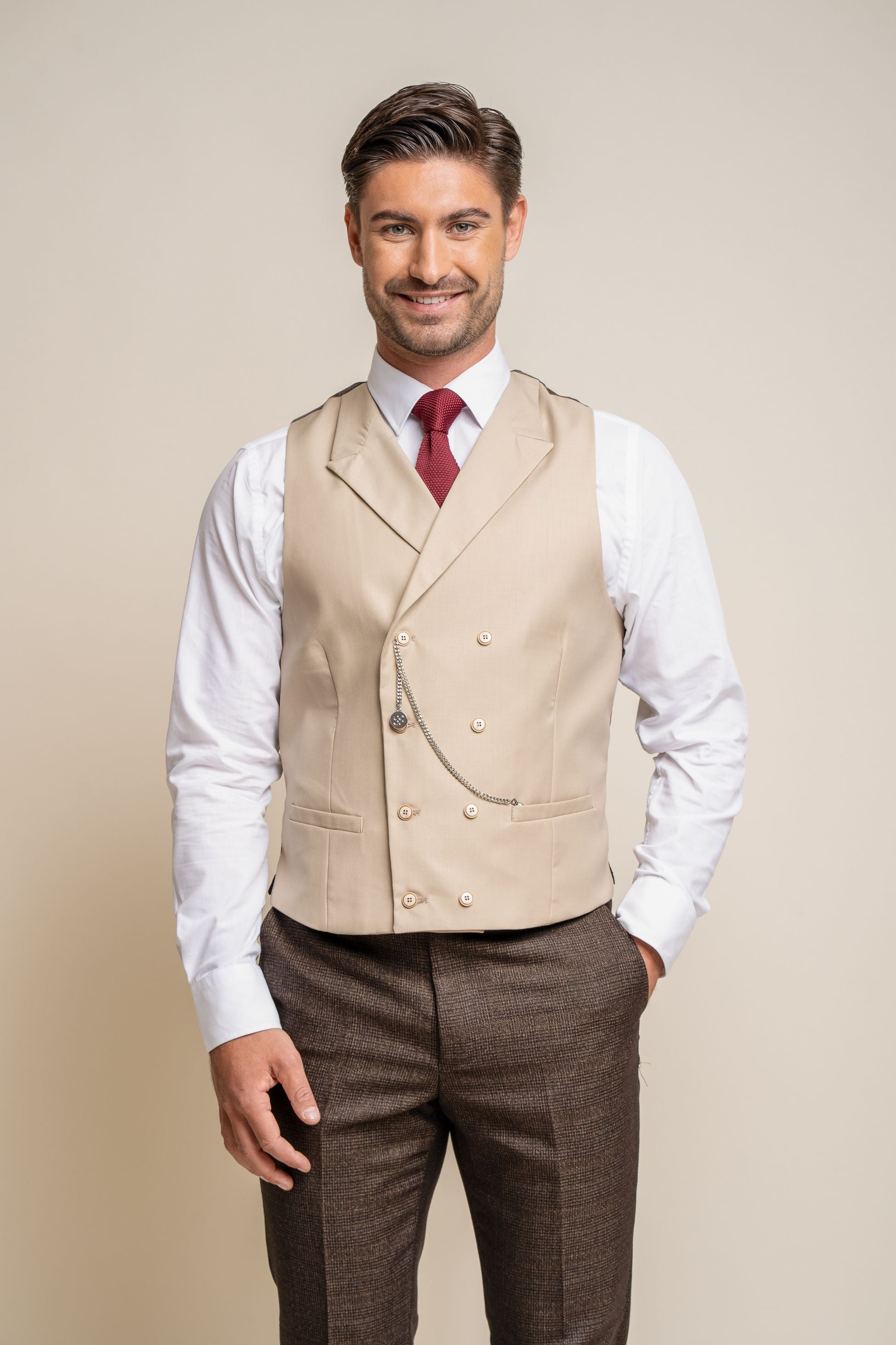 Men's Slim Fit Double Breasted Waistcoat - LENNOX - Beige