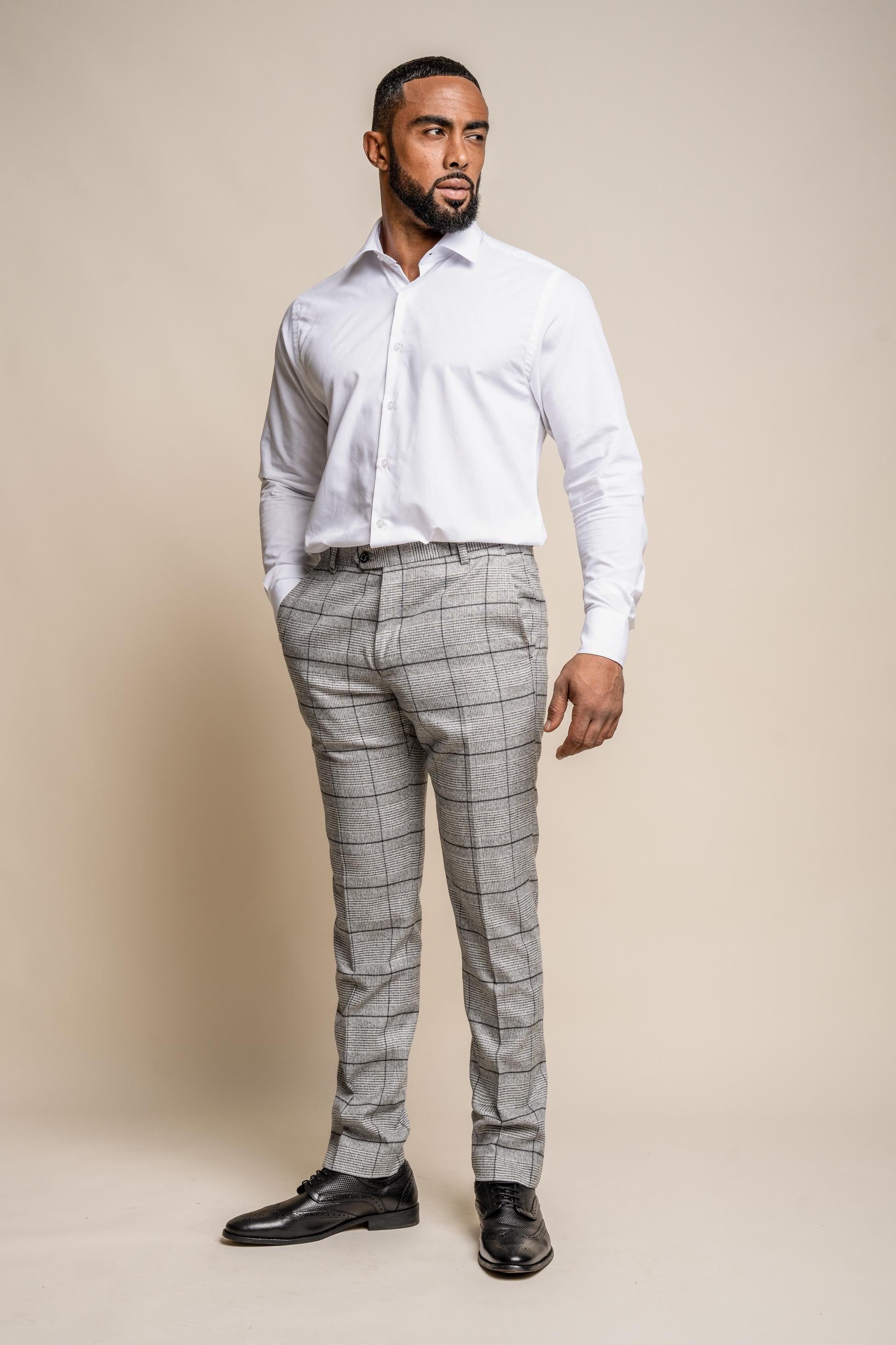 Men's Tweed Windowpane Check Slim Fit Suit - GHOST Grey - Light Grey