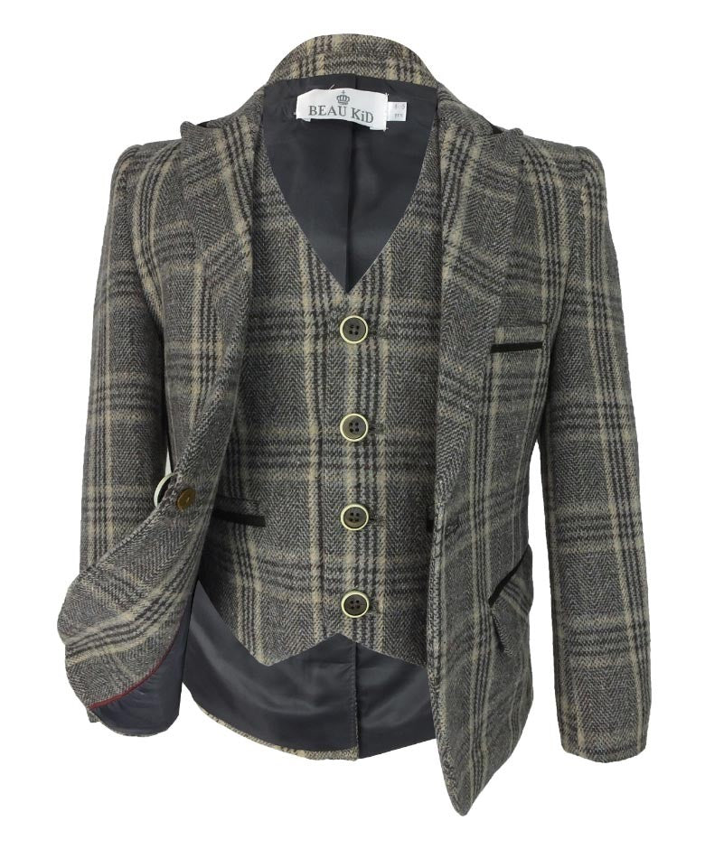 Boys Herringbone Tweed Check Suit with Elbow Patches - LUCAS - Brown