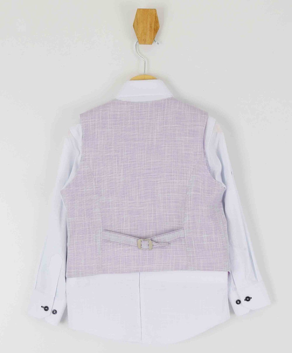 Boys Self Patterned Double-Breasted Linen Waistcoat Suit Set - Lilac