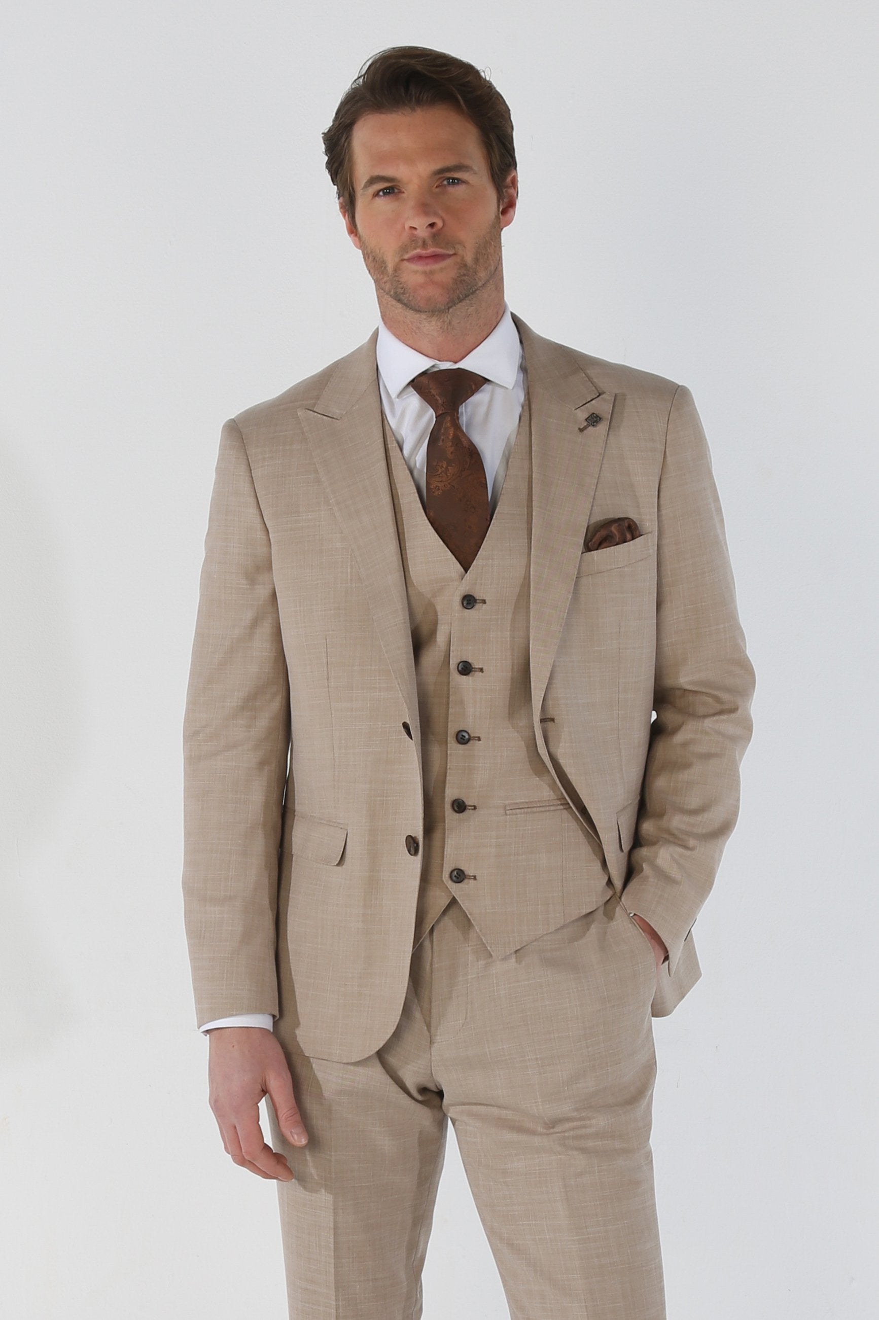 Men's Tailored Fit Plaid Formal Suit - KURT - Beige