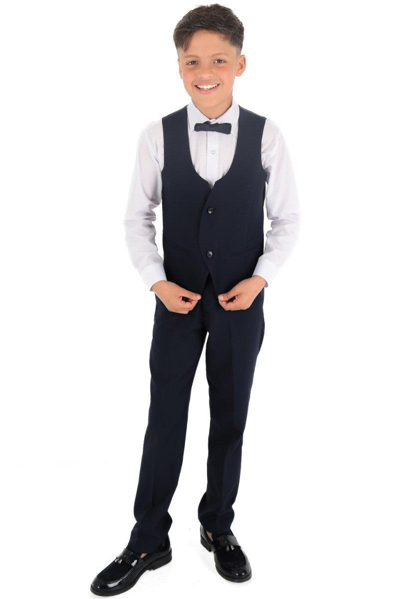 Boys Slim Fit Herringbone 8 Piece Suit Set - KING - Navy Blue