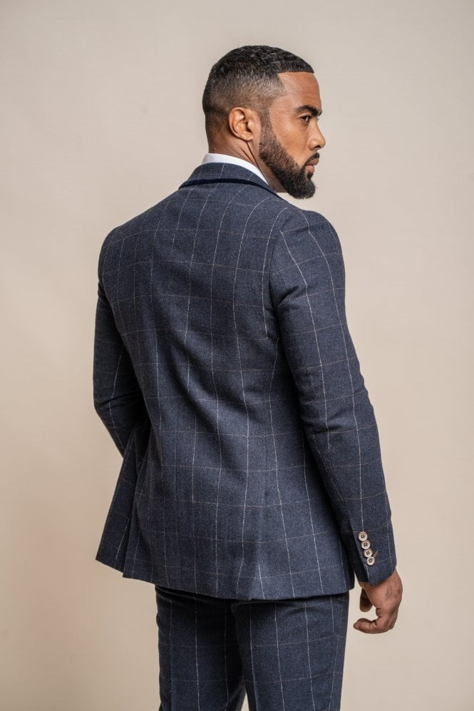 Men's Windowpane Check Wool Navy Blue Suit Jacket - ANGELS - Navy Blue