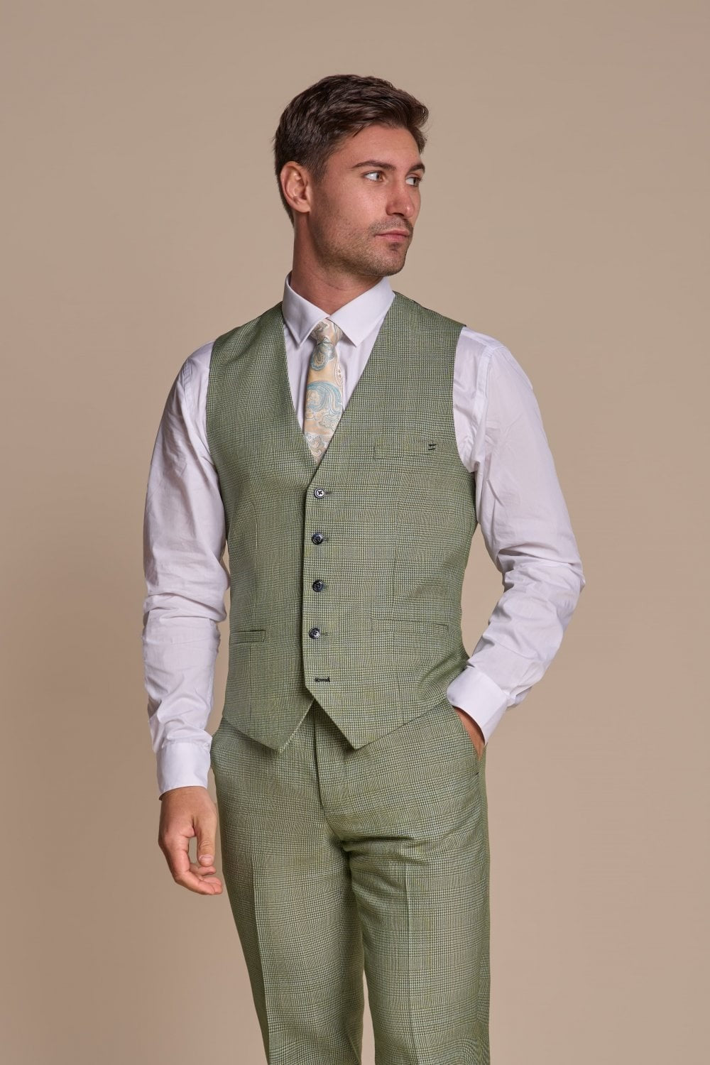 Men's Slim Fit Tweed Check Waistcoat - CARIDI SAGE - Sage Green