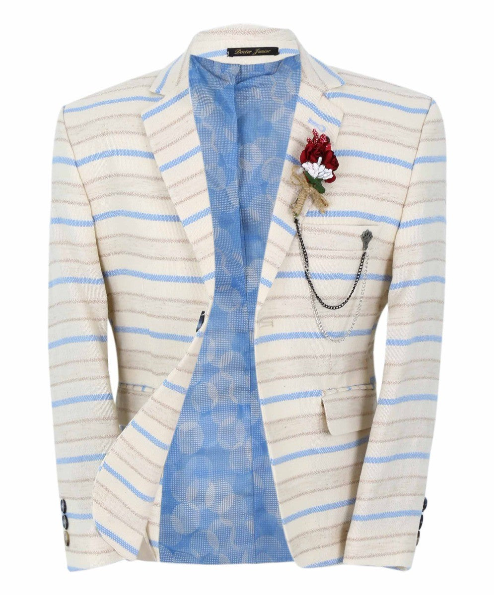 Boys Slim Fit Striped Blazer - Beige - Blue