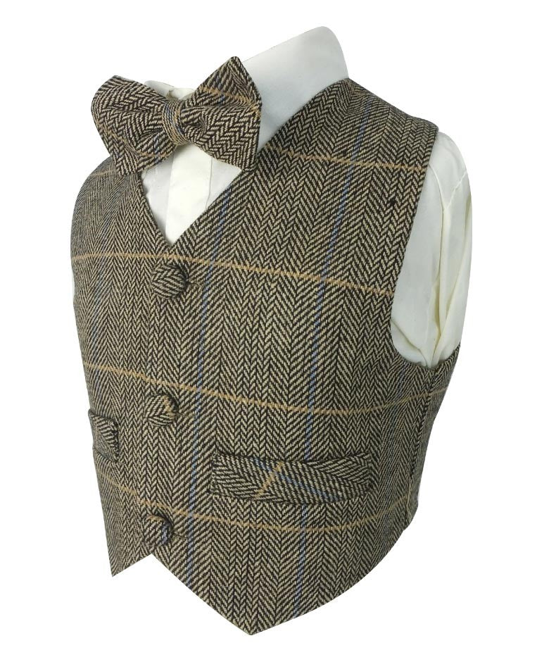 Baby Boys Herringbone Check Tweed Suit Set - Tan Brown