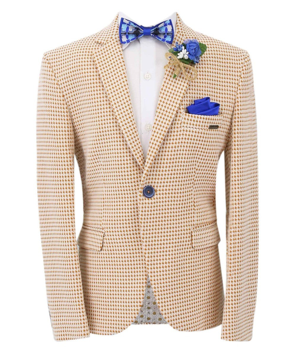 Boys Plaid Single Breasted Slim Fit Formal Blazer - Yellow