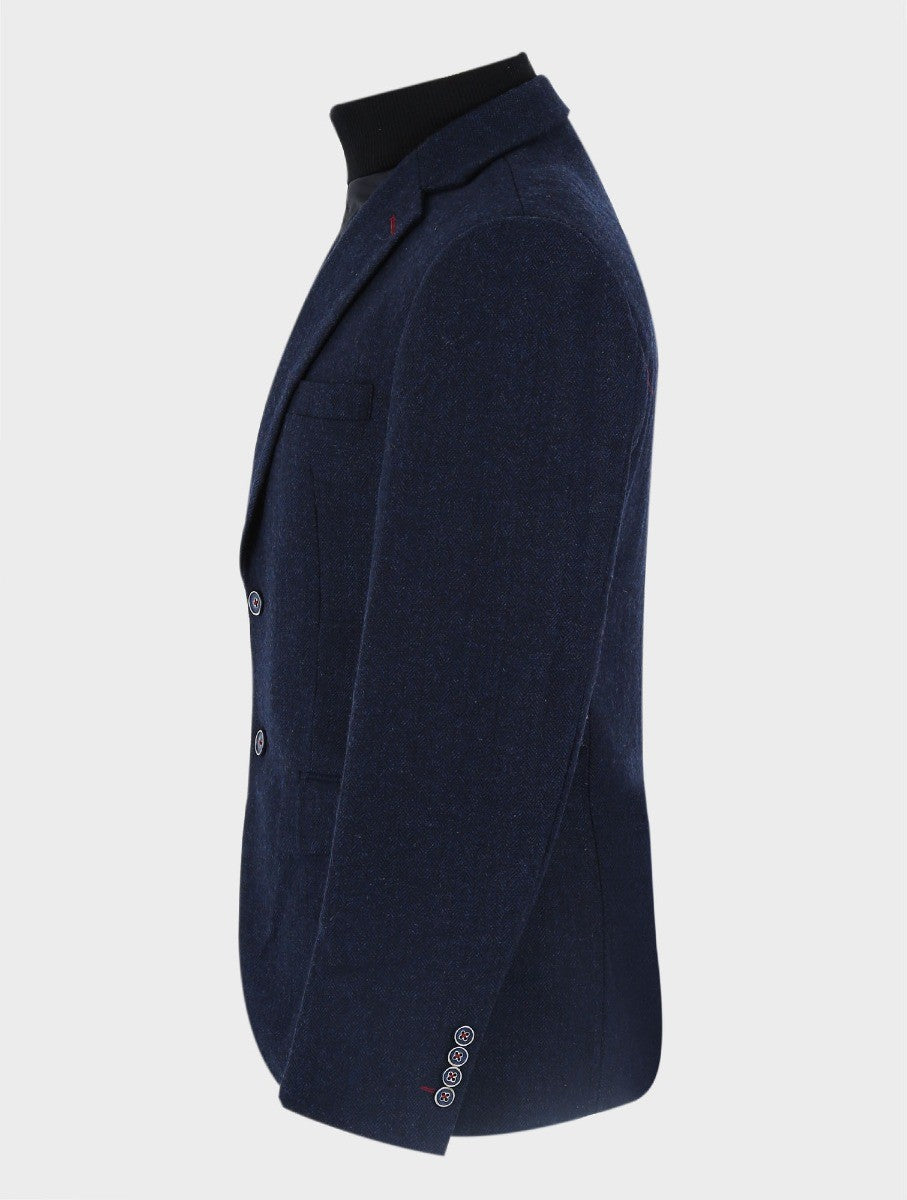 Men's Herringbone Navy Coat with Removable Zipper - Navy Blue