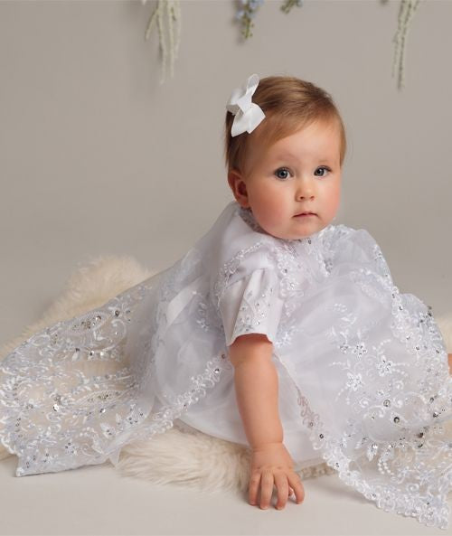 Baby Girls White Sequined Christening Dress Set - L528 - White