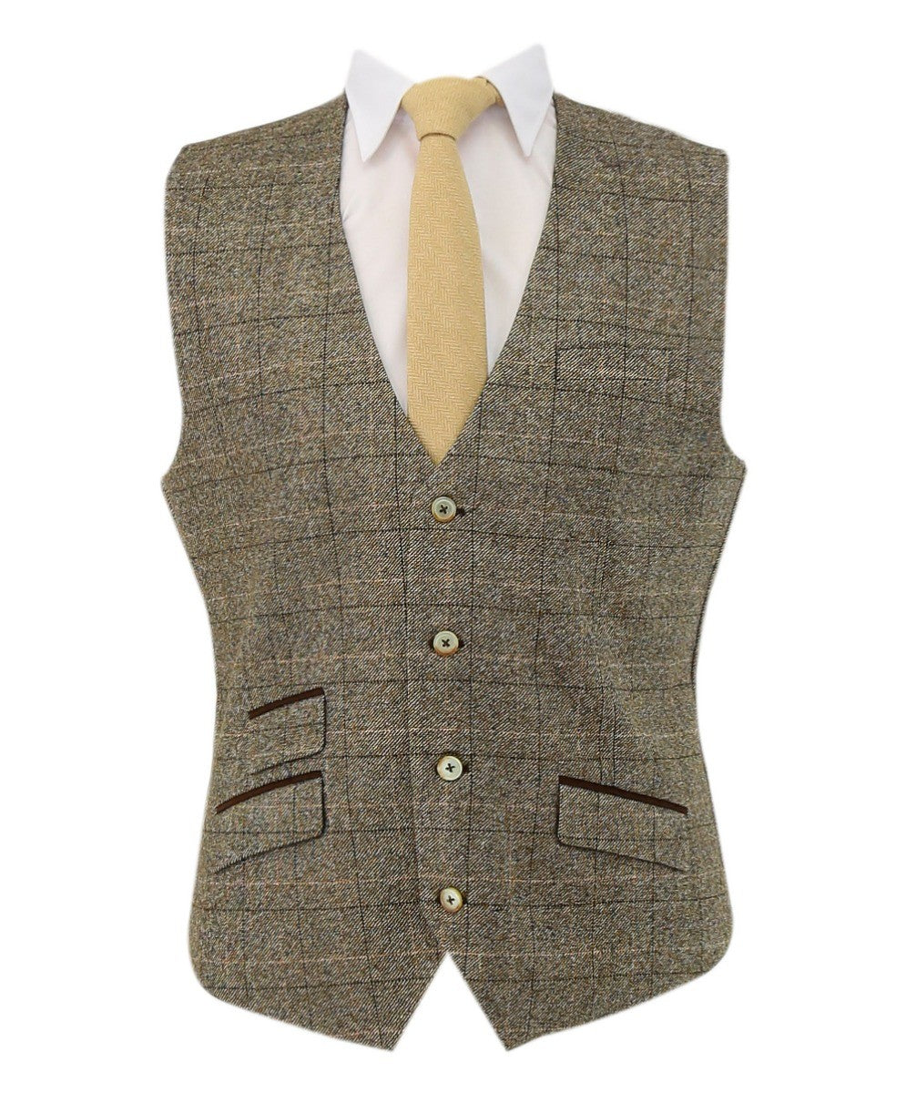 Men's Tweed Windowpane Check Waistcoat - LIAM Beige - Beige