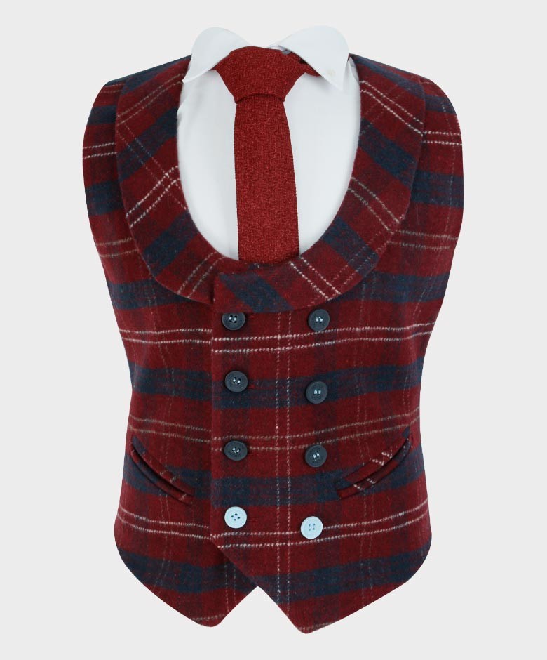 Boys Tailored Fit Blazer Waistcoat Set - Cashmere - Navy Blue -Red