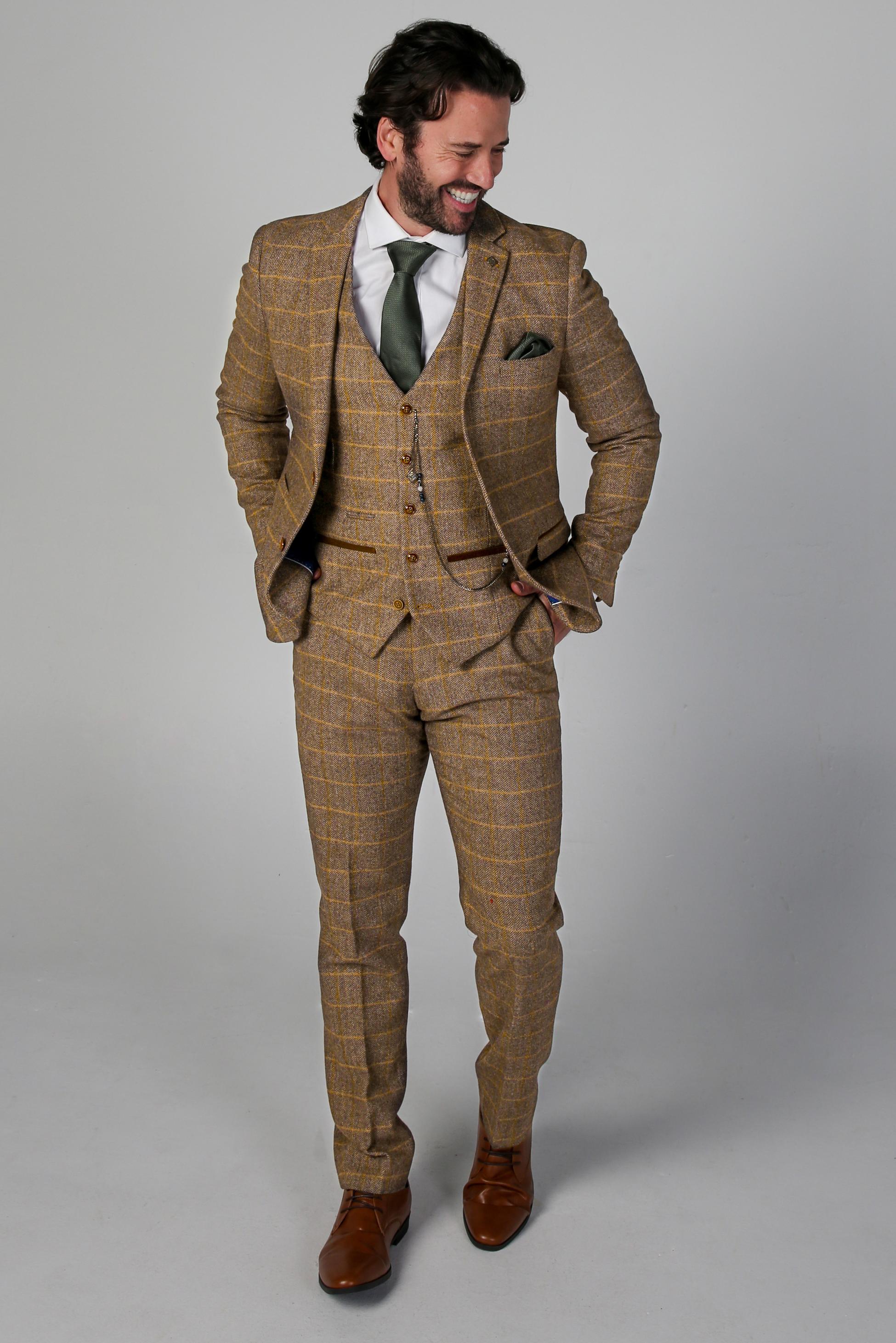 Men's Tweed Retro Windowpane Formal Suit - HARRIS - Brown