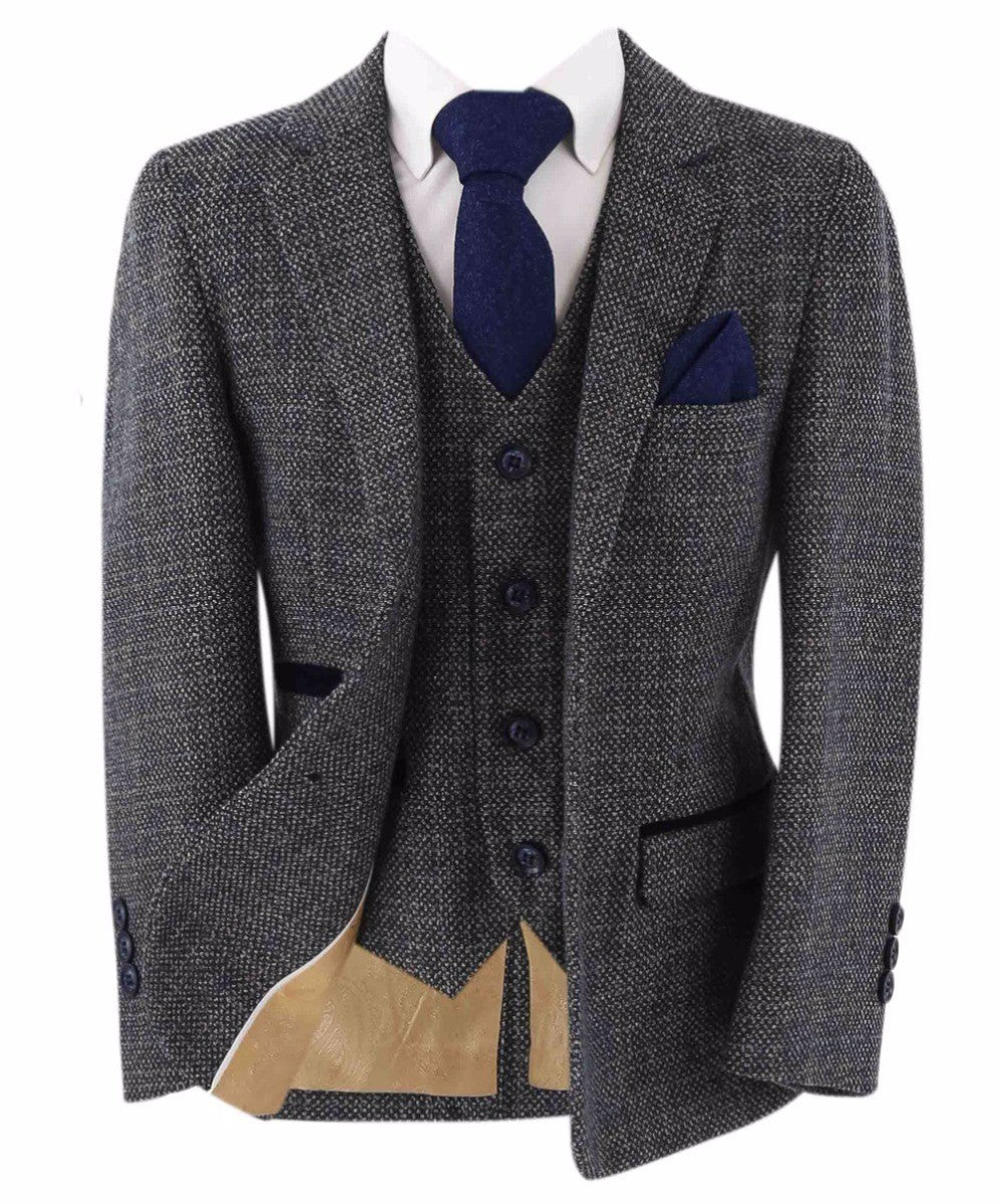 Boys Tweed Tailored Fit Formal Suit - Ralph - Grey - Navy Blue