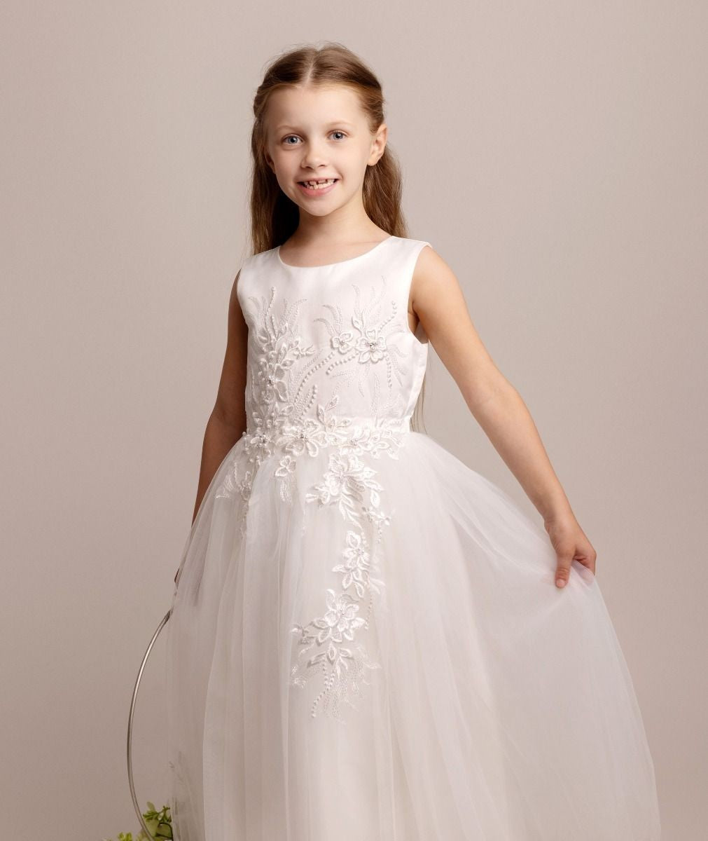 Girls Floral Embroidered Dress with Tulle Skirt - NYRA - Ivory