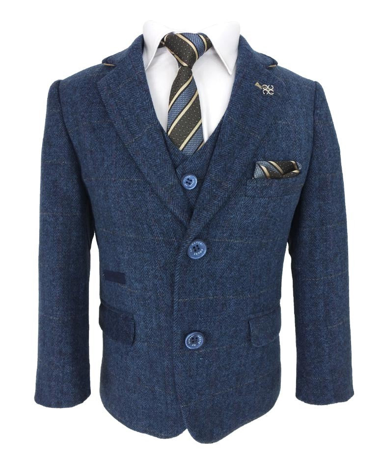 Boys Slim Fit Herringbone Tweed Blue Suit - CARNEGI - Navy Blue