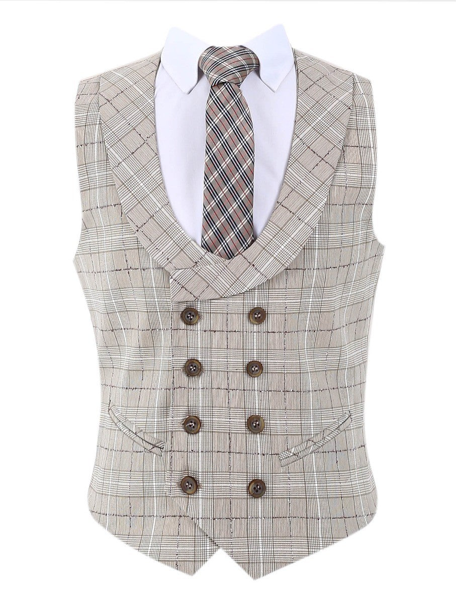 Boys Retro Check Slim Fit Suit - Beige