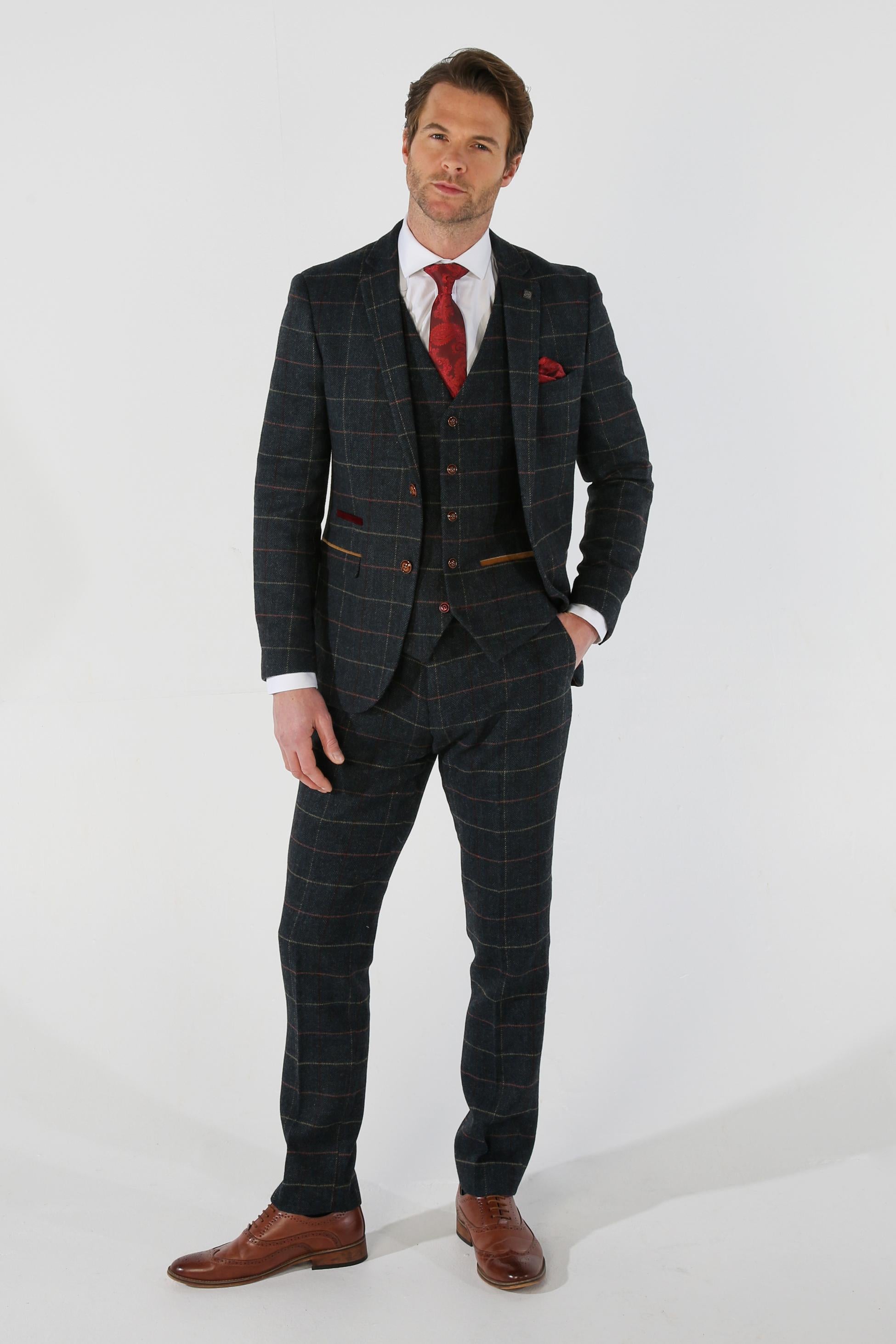 Men's Tweed Check Plaid Navy Suit - THOMAS - Navy Blue