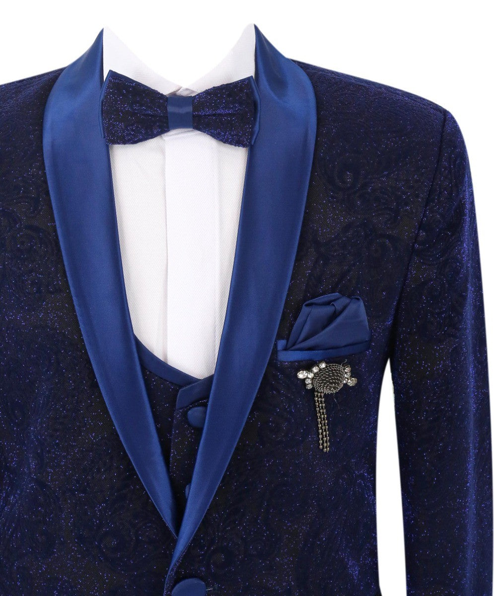 Boys Shimmer Slim Fit Navy Blue Tuxedo Suit - Navy Blue