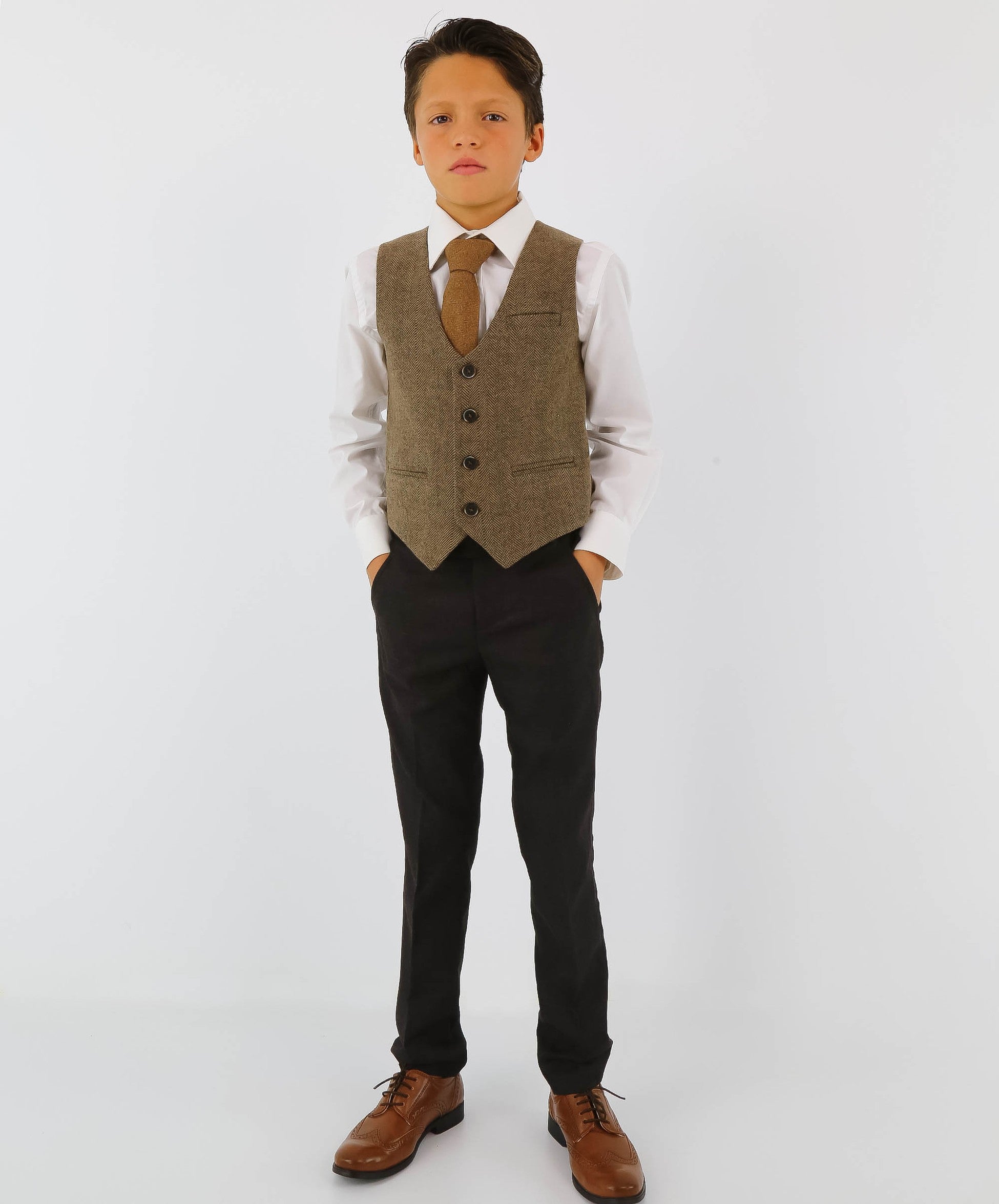 Boys Herringbone Tweed Single-breasted Formal Waistcoat - Brown