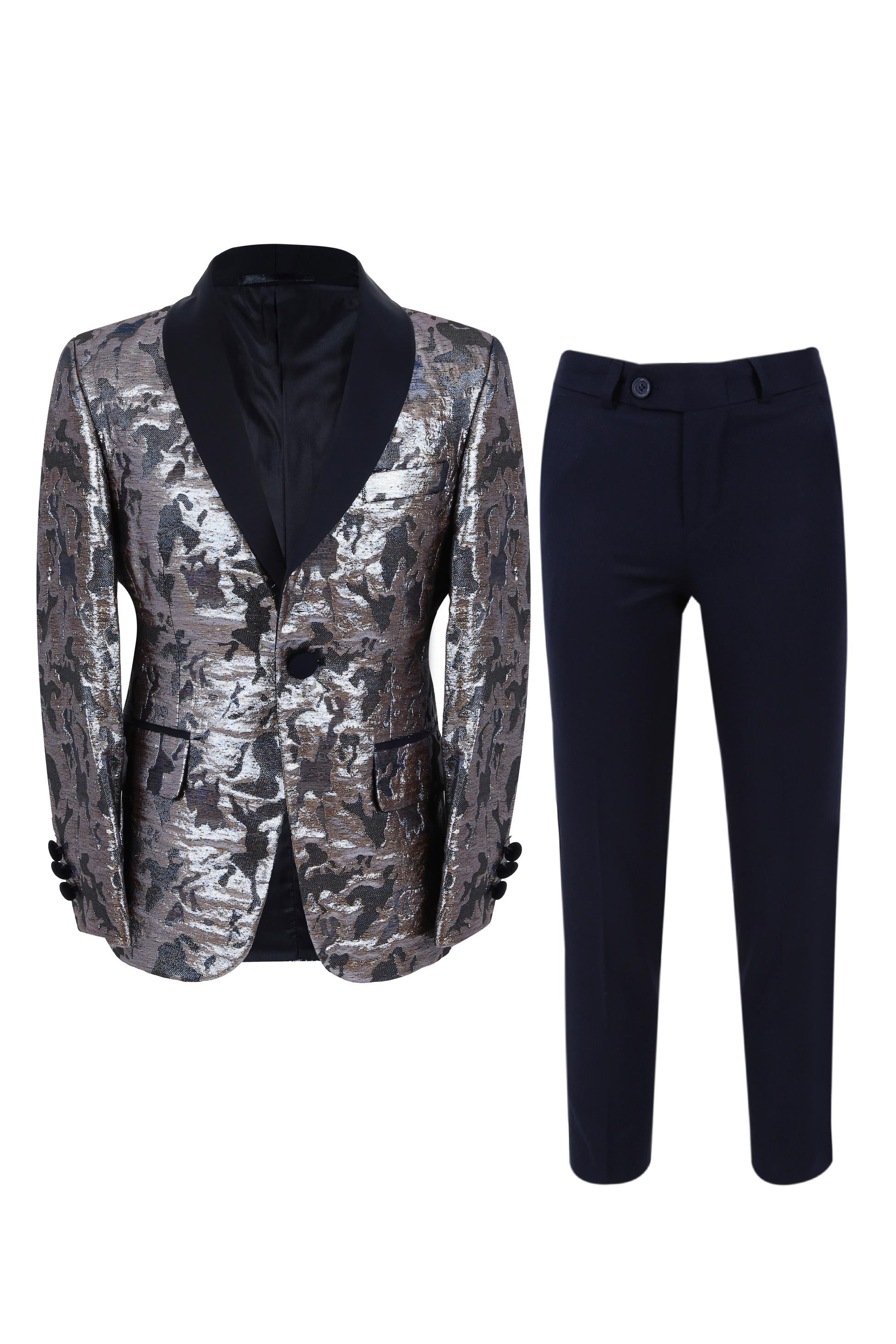 Boys Shimmery Patterned Tuxedo Suit - Gold - Silver